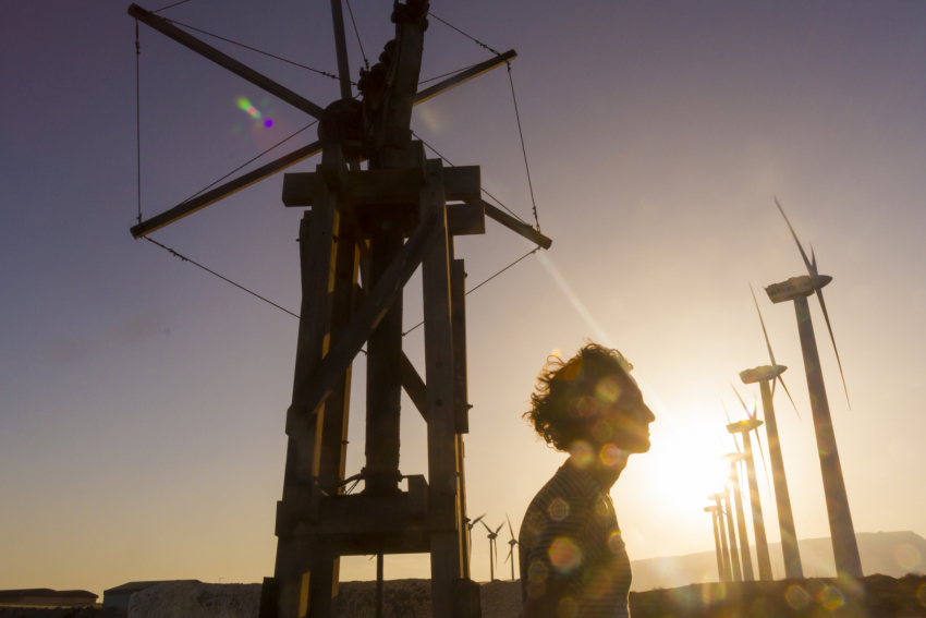 Windmills along the east coast of Gran Canaria at sunset